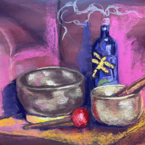 Pastel painting: Brass Bowls & Dragonfly Bottle