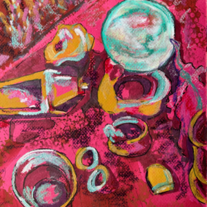 Mixed Media painting: Red Table Clutter
